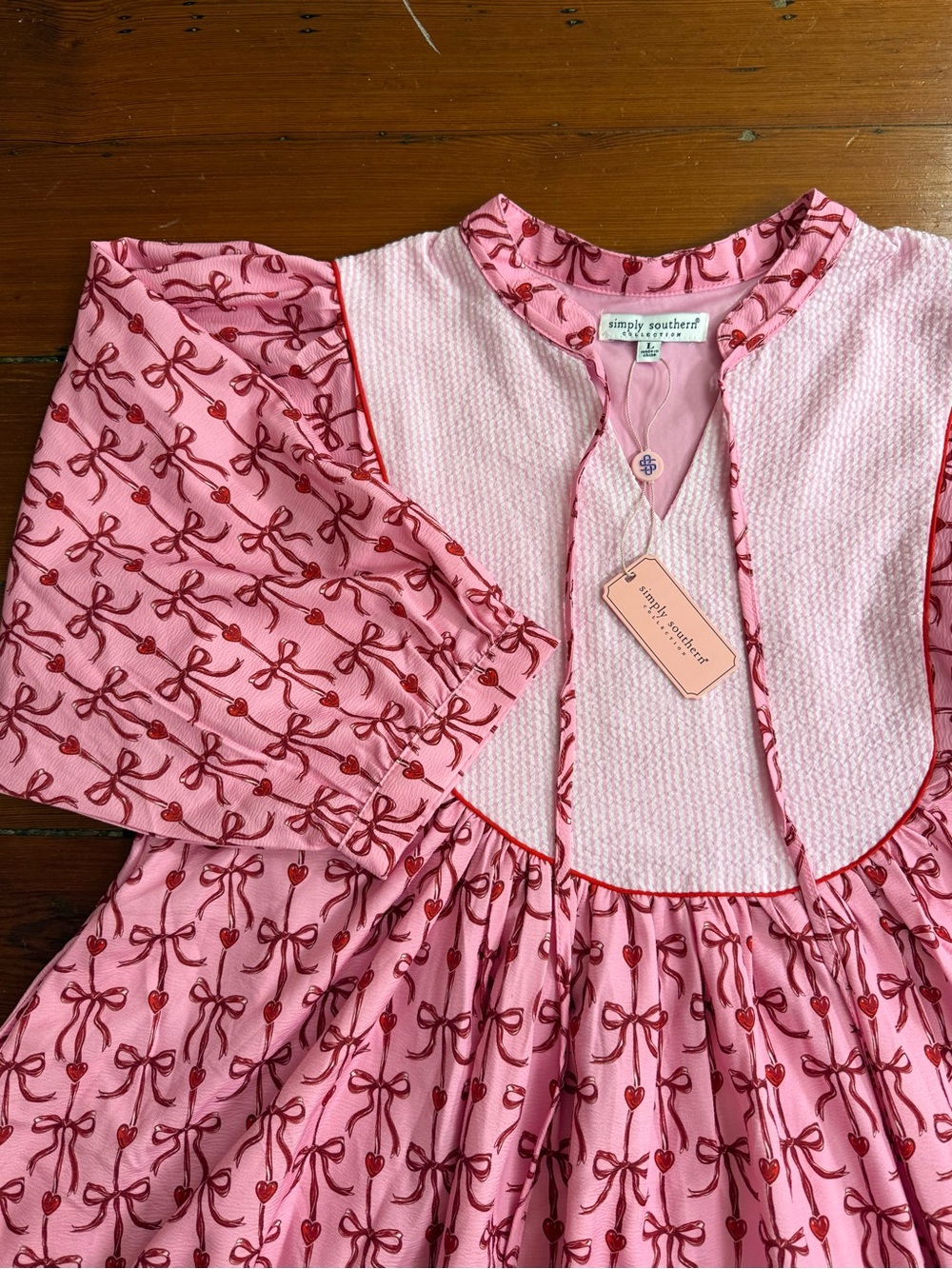 NWT Simply Southern Red and Pink Preppy Bow and Heart Seersucker Dress Sz L π§‘π - Picture 8 of 11